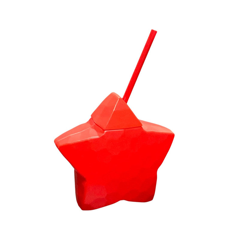 Red star-shaped plastic cup with matching red straw and screw-on lid.