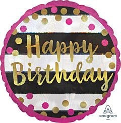 Round foil balloon with pink edge, black and white stripes, gold and pink confetti dots, and gold "Happy Birthday" text.