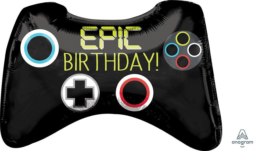 Black foil balloon shaped like a video game controller with colorful buttons and "Epic Birthday!" text in yellow and green.