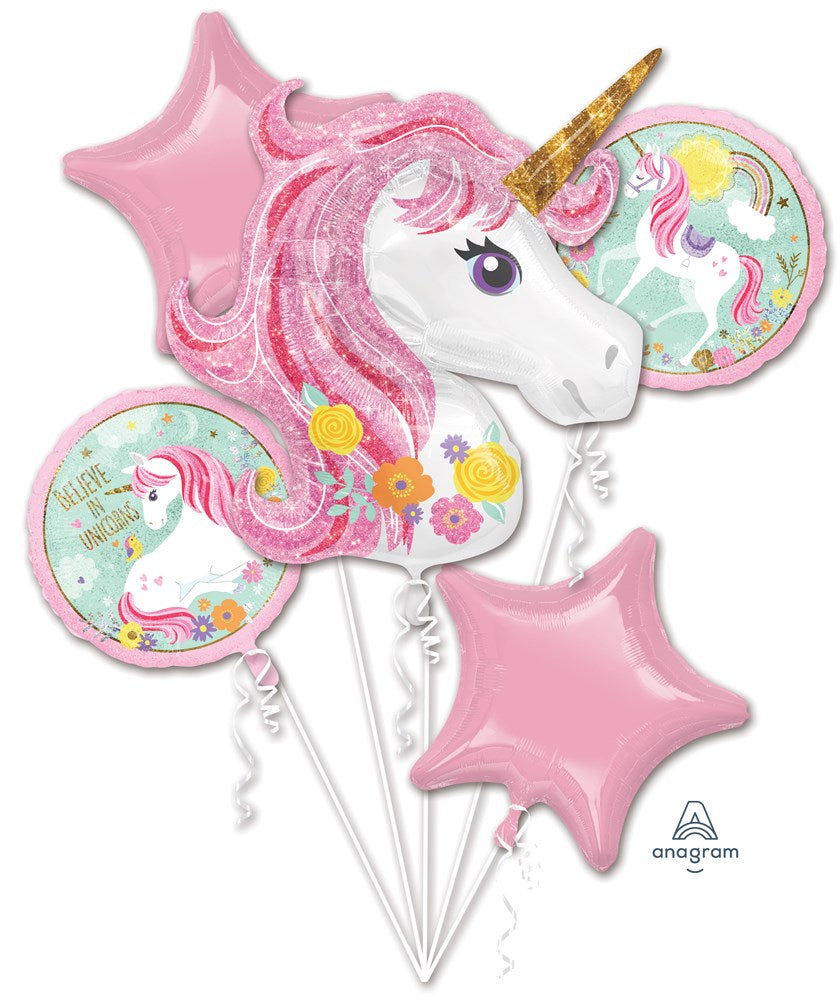 Pink and white unicorn foil balloon with floral mane, two pink star-shaped balloons, and two round unicorn-themed balloons.