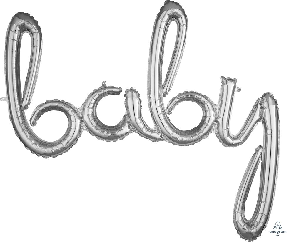 Silver foil balloon spelling "baby" in a cursive script style, 39x33 inches.