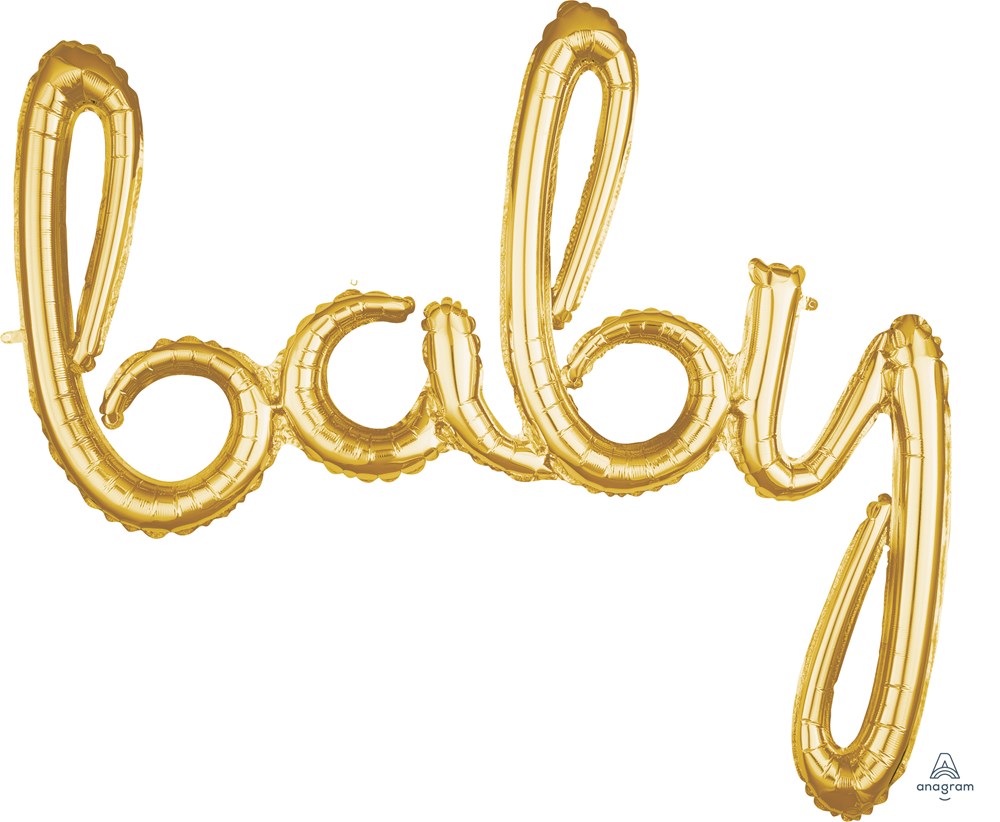 Gold foil balloon spelling "baby" in cursive script, 39x33 inches.