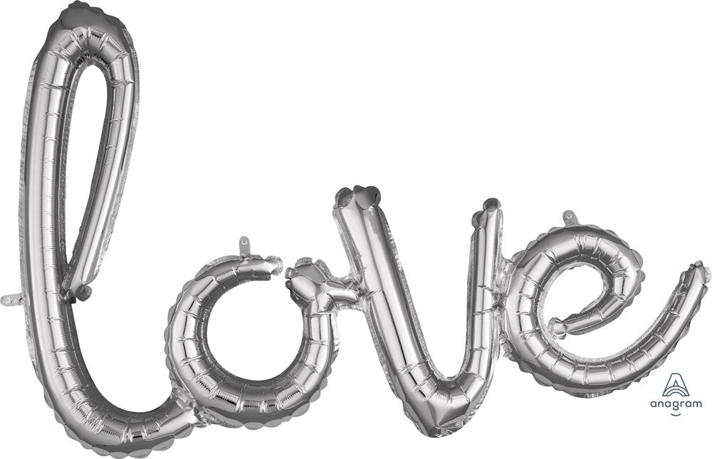 Silver foil balloon spelling out the word "love" in cursive script, 31x21 inches.