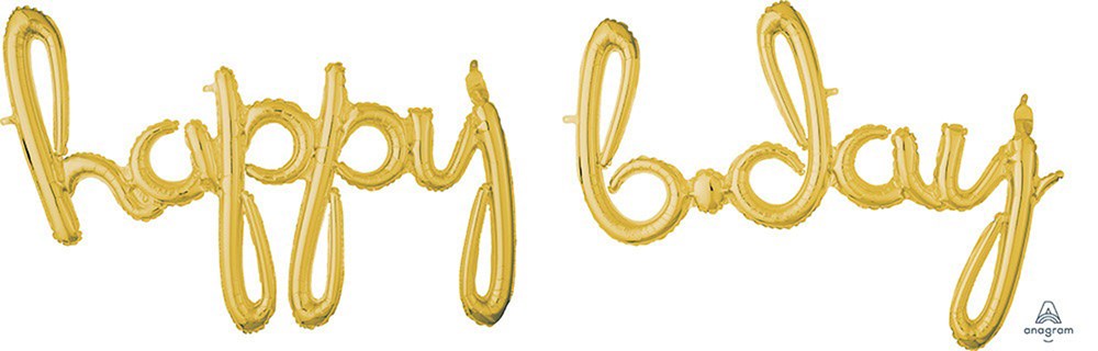 Gold foil balloon set spelling "happy b.day" in a cursive script style.