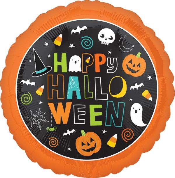 Round orange foil balloon with "Happy Halloween" text, ghosts, pumpkins, bats, candy, and spider web design.