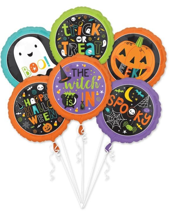 Halloween foil balloons bouquet with ghost, pumpkin, spiderweb, witch, and themed phrases, 18 inches.