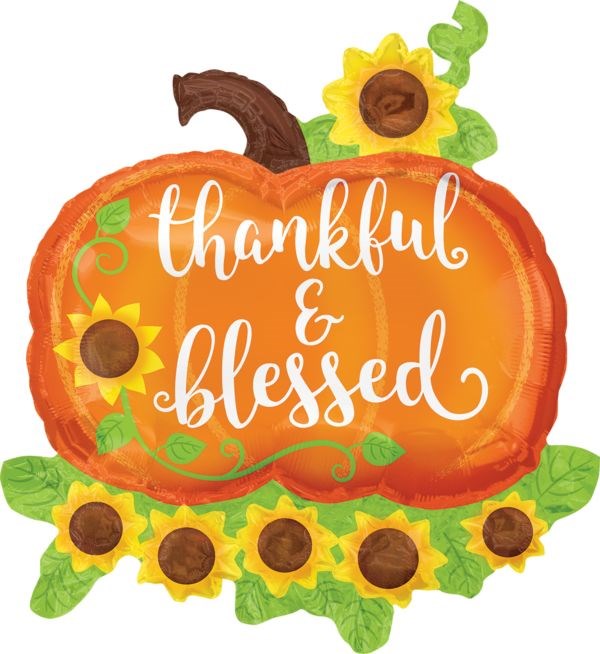 29-inch orange foil pumpkin balloon with "thankful & blessed" white script, decorated with sunflowers and green leaves.