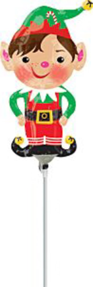 14-inch foil balloon shaped like a smiling Christmas elf with a green and red hat, red and green outfit, and black shoes.