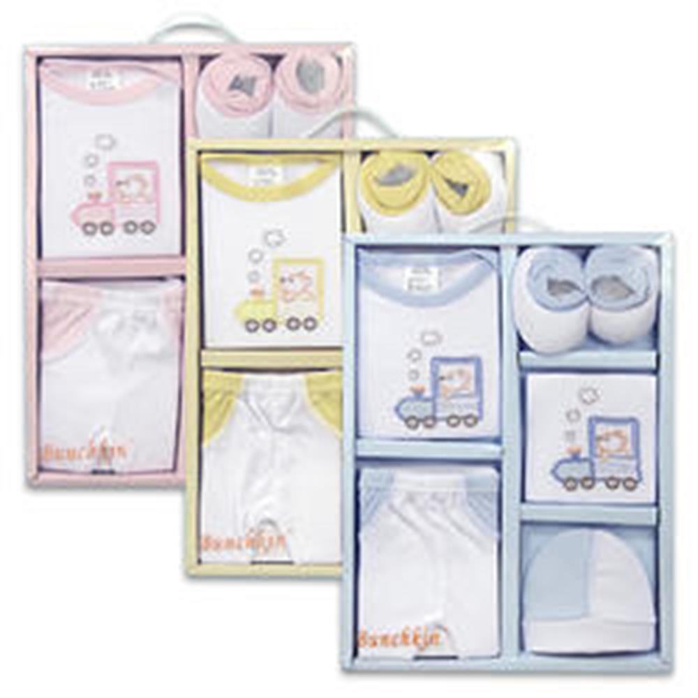 Three 5-piece baby gift sets each with a bodysuit, hat, bib, and booties in pink, yellow, and blue packaging.