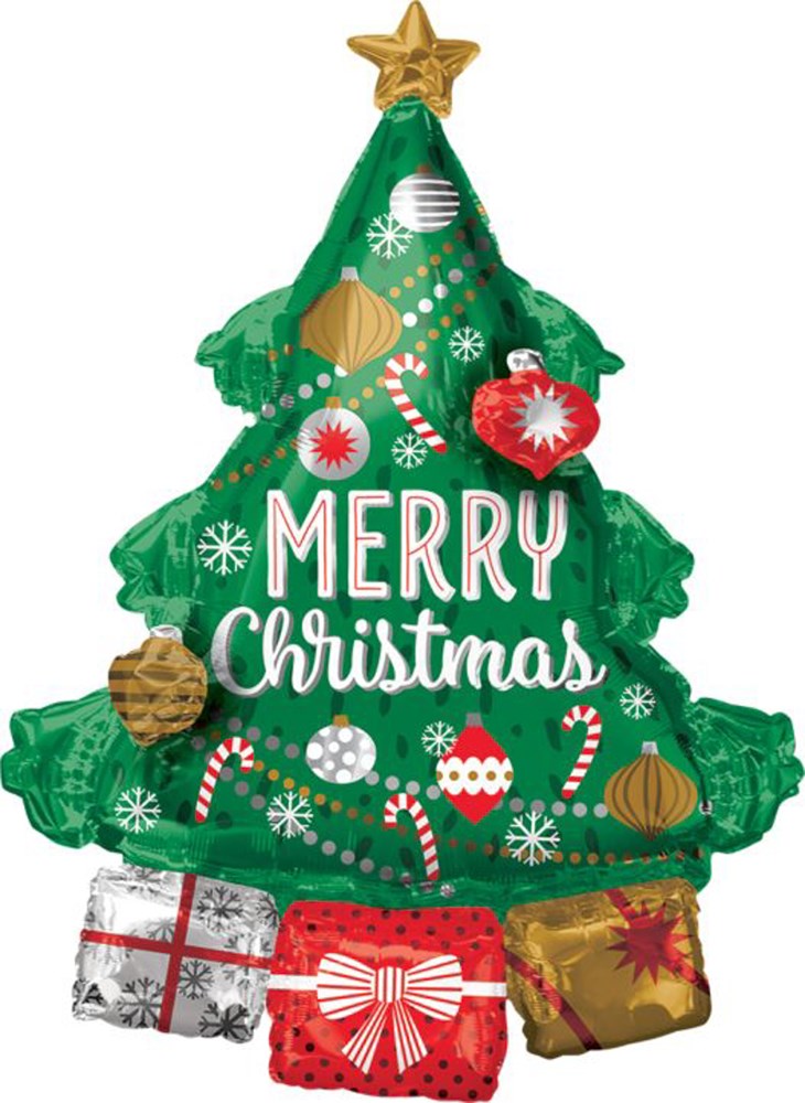 Green foil balloon shaped like a Christmas tree decorated with ornaments and text saying Merry Christmas, topped with a gold