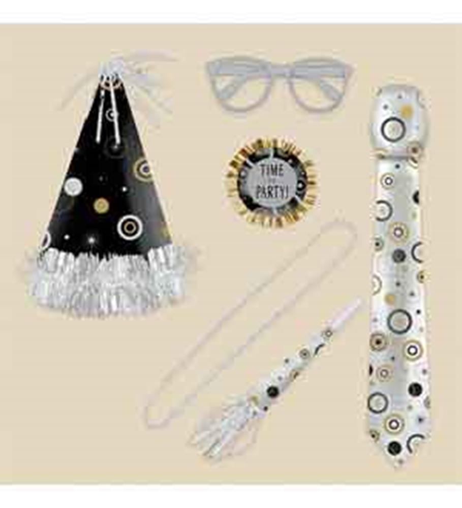 Black party hat with silver fringe, silver glasses, circular "Time to Party" badge, confetti-patterned white tie and.