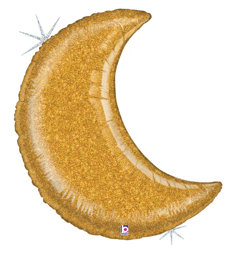 42-inch gold glitter crescent moon-shaped foil balloon with holographic shine.