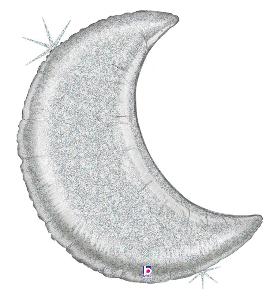 Silver holographic crescent moon foil balloon with glitter texture, 42 inches flat.