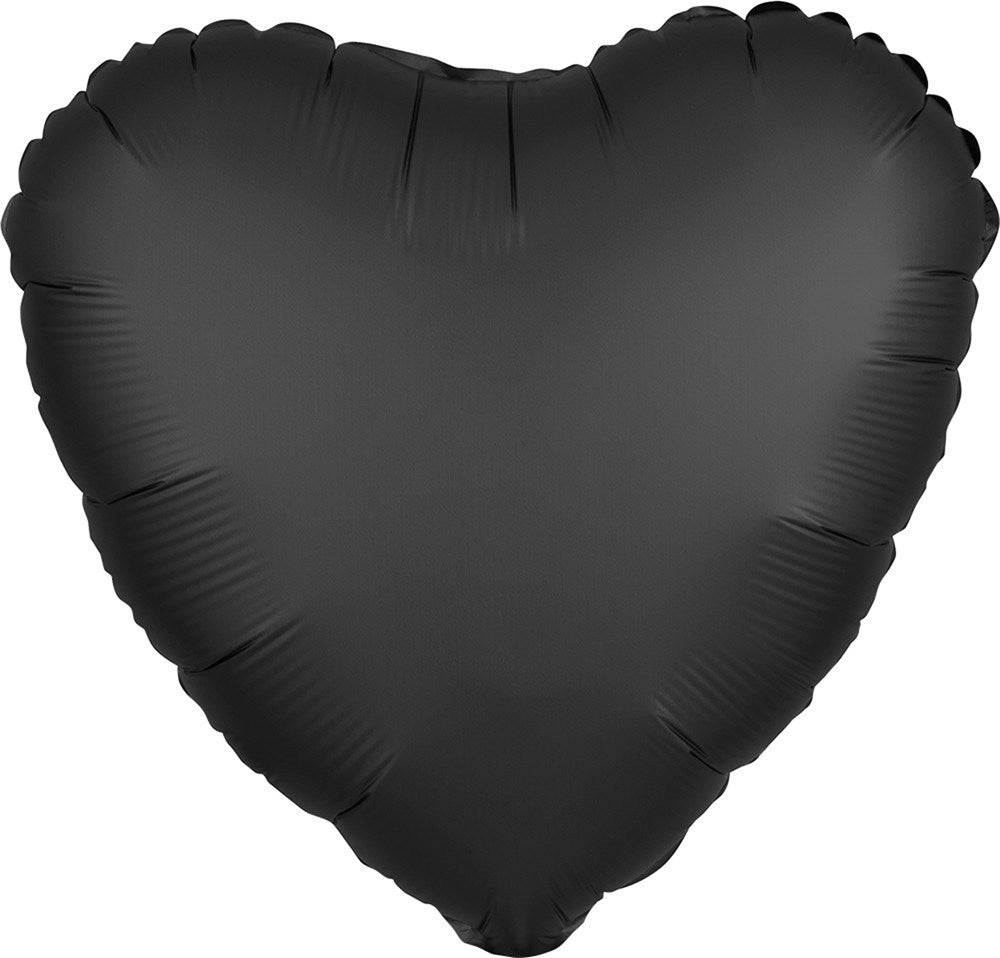 Matte black satin finish heart-shaped foil balloon, flat and 17 inches wide.
