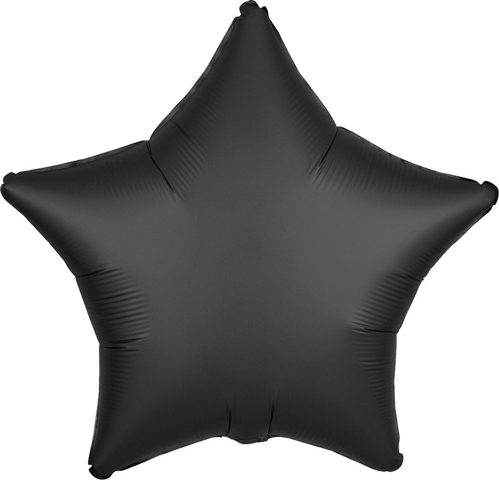 Black satin finish star-shaped foil balloon, 19 inches, flat and smooth surface.