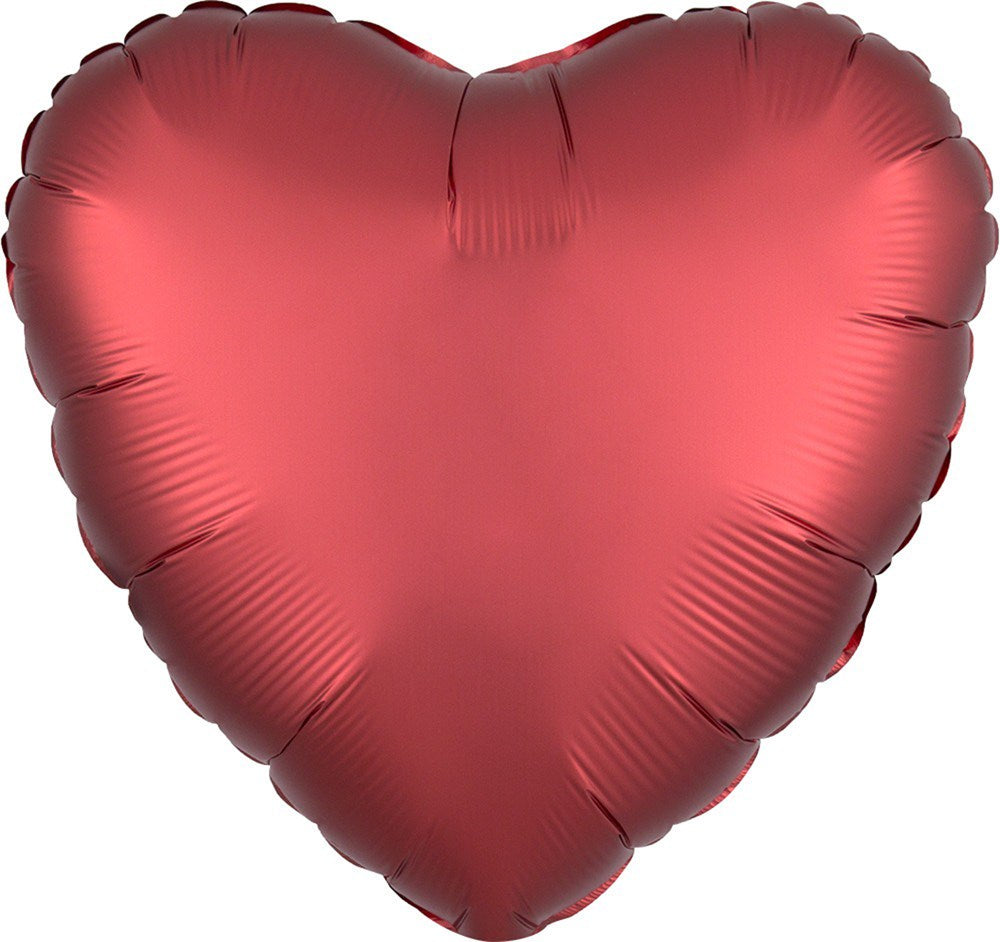 Flat sangria red satin finish heart-shaped foil balloon measuring 17 inches.