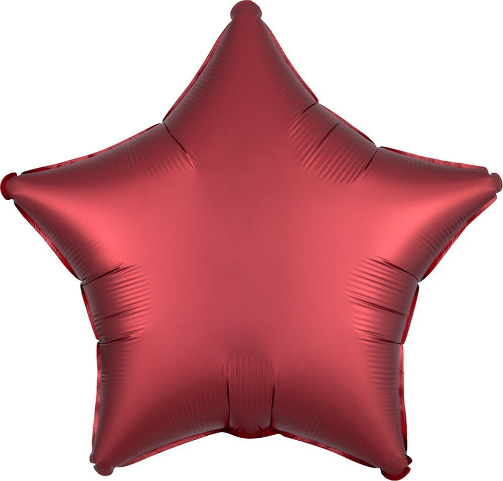Satin sangria red foil balloon shaped like a five-point star, 19-inch flat design.