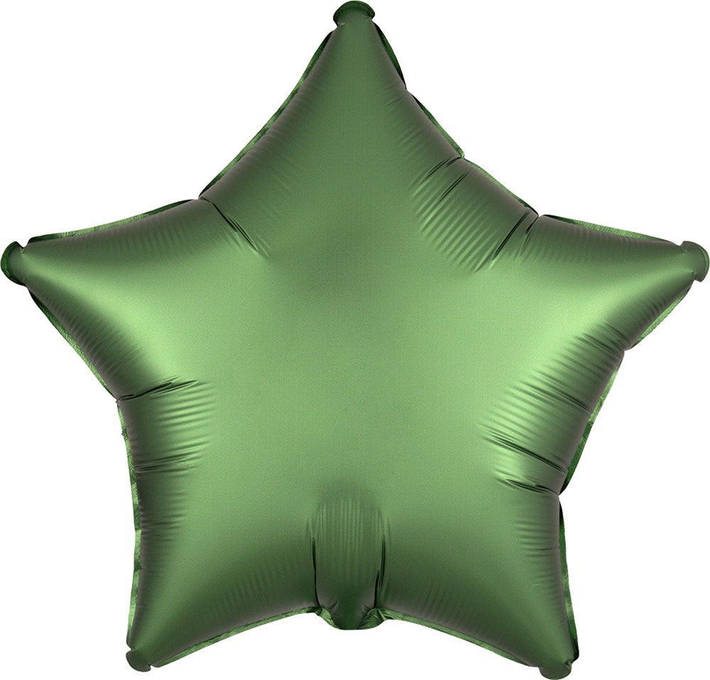 Emerald green satin foil star-shaped balloon 19 inches flat with smooth metallic finish.
