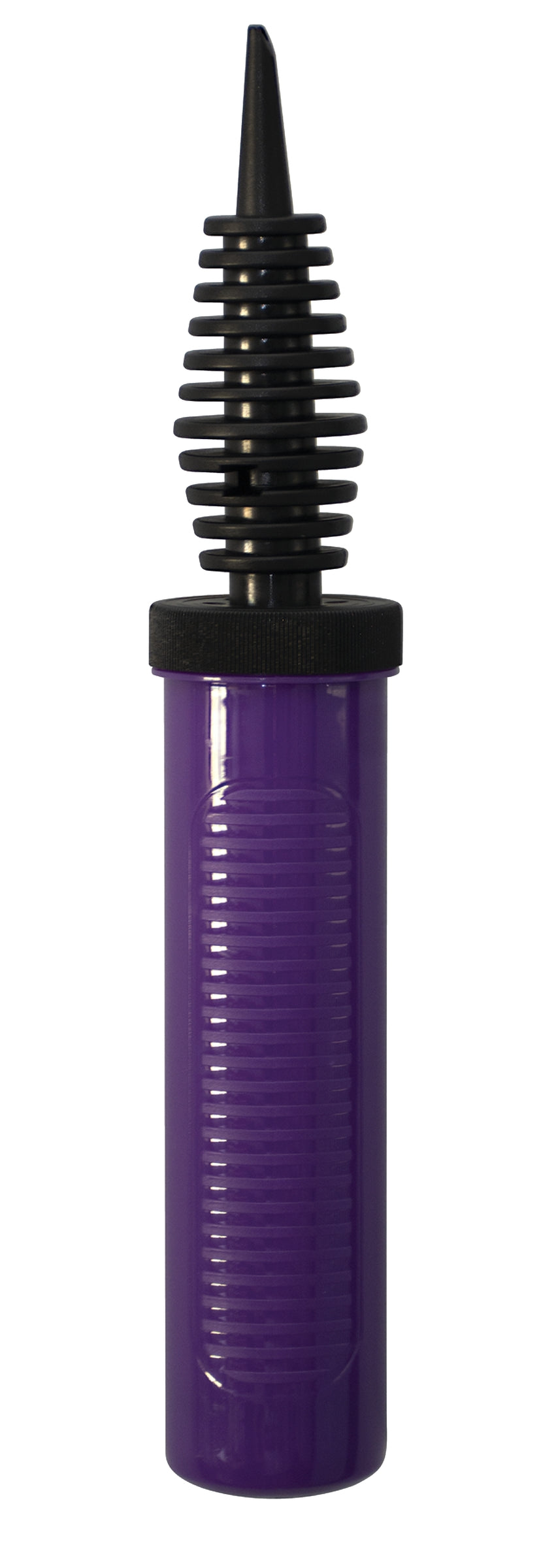 Compact purple plastic hand pump with ribbed barrel and black conical nozzle for inflating balloons.
