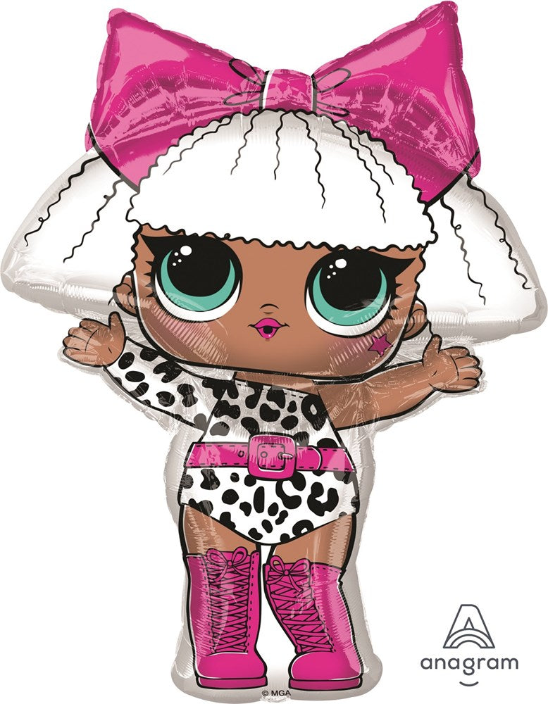 Foil balloon of LOL Surprise Diva with white hair, large pink bow, leopard print outfit, and pink boots.