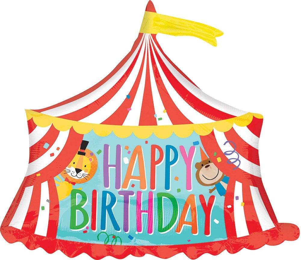 28-inch circus tent-shaped balloon with red and white stripes and "Happy Birthday" in colorful letters.