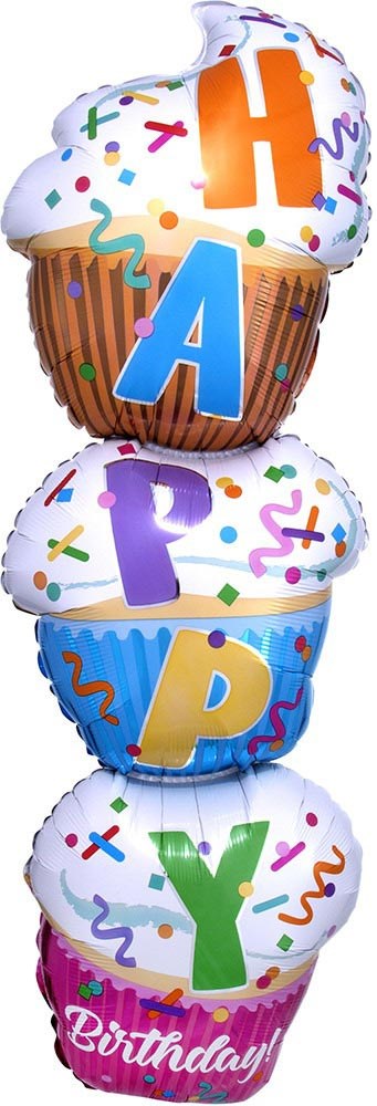 Stacked foil balloon shaped like four colorful cupcakes with white frosting, sprinkles, and letters spelling "HAPPY".