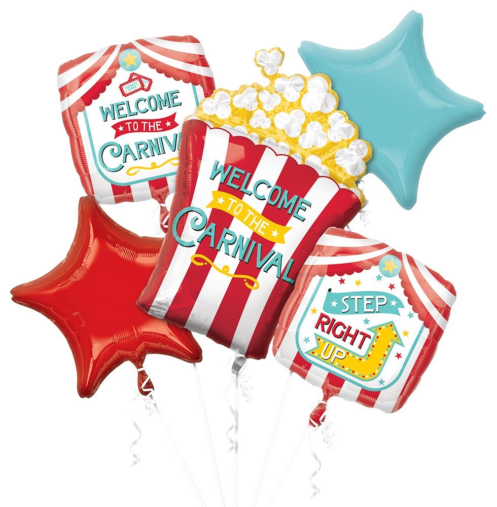 Red and white striped popcorn box balloon with yellow popcorn, red and white circus-themed balloons, and red and blue.