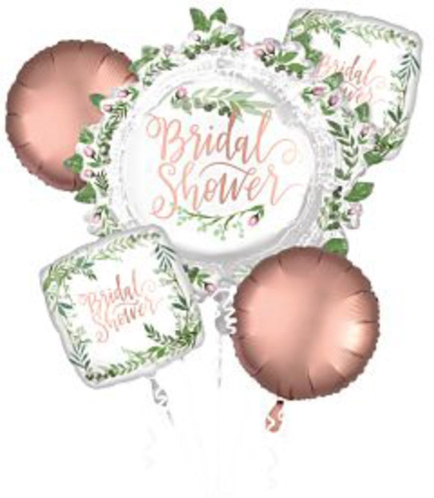Bridal shower balloon bouquet with white and rose gold foil balloons featuring green leaf designs and "Bridal Shower" text.