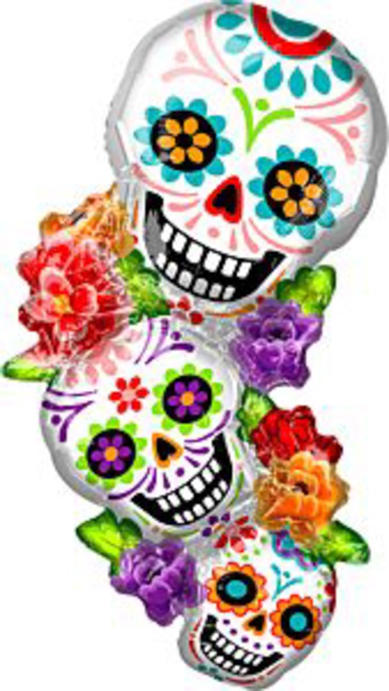 28in foil balloon with three colorful stacked Dia de los Muertos sugar skulls adorned with floral designs.