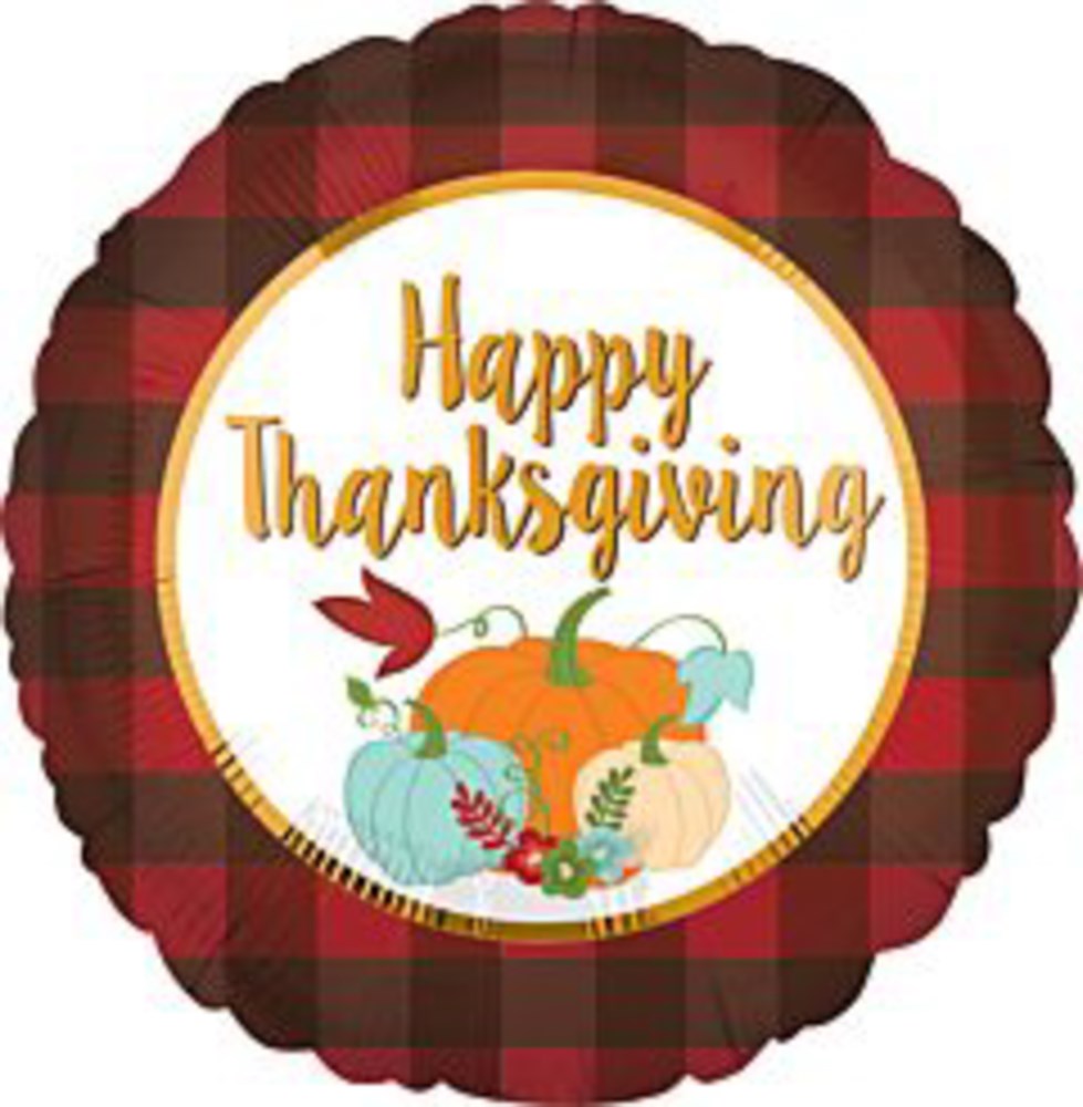 Round 17-inch foil balloon with red and brown plaid border, featuring pumpkins and gold "Happy Thanksgiving" text.