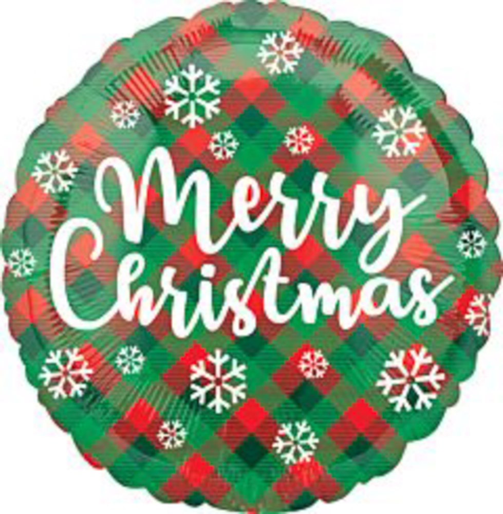 Round foil balloon with green and red plaid background, white snowflakes, and "Merry Christmas" text in white cursive.