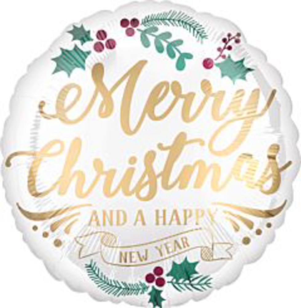 White round foil balloon with gold "Merry Christmas and a Happy New Year" text, decorated with holly leaves and berries.