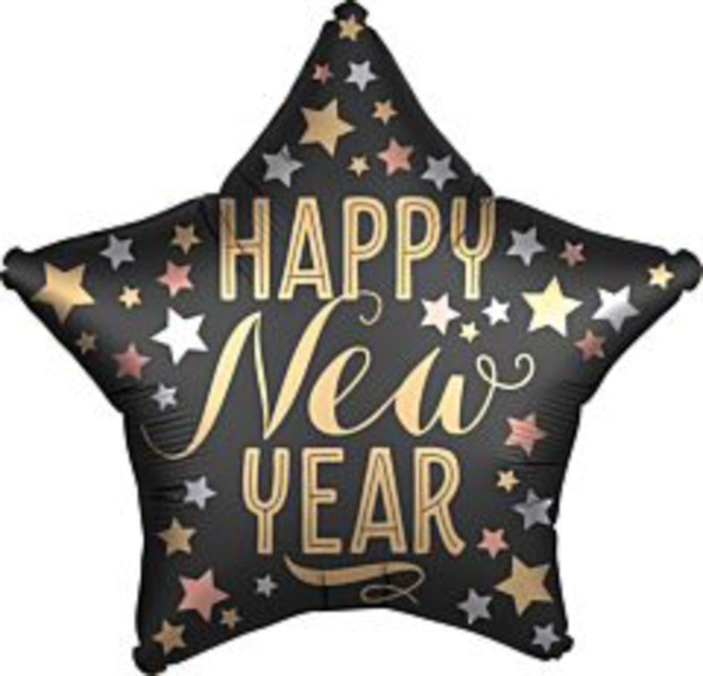 Black star-shaped foil balloon with gold and rose gold stars and "Happy New Year" in metallic gold lettering.