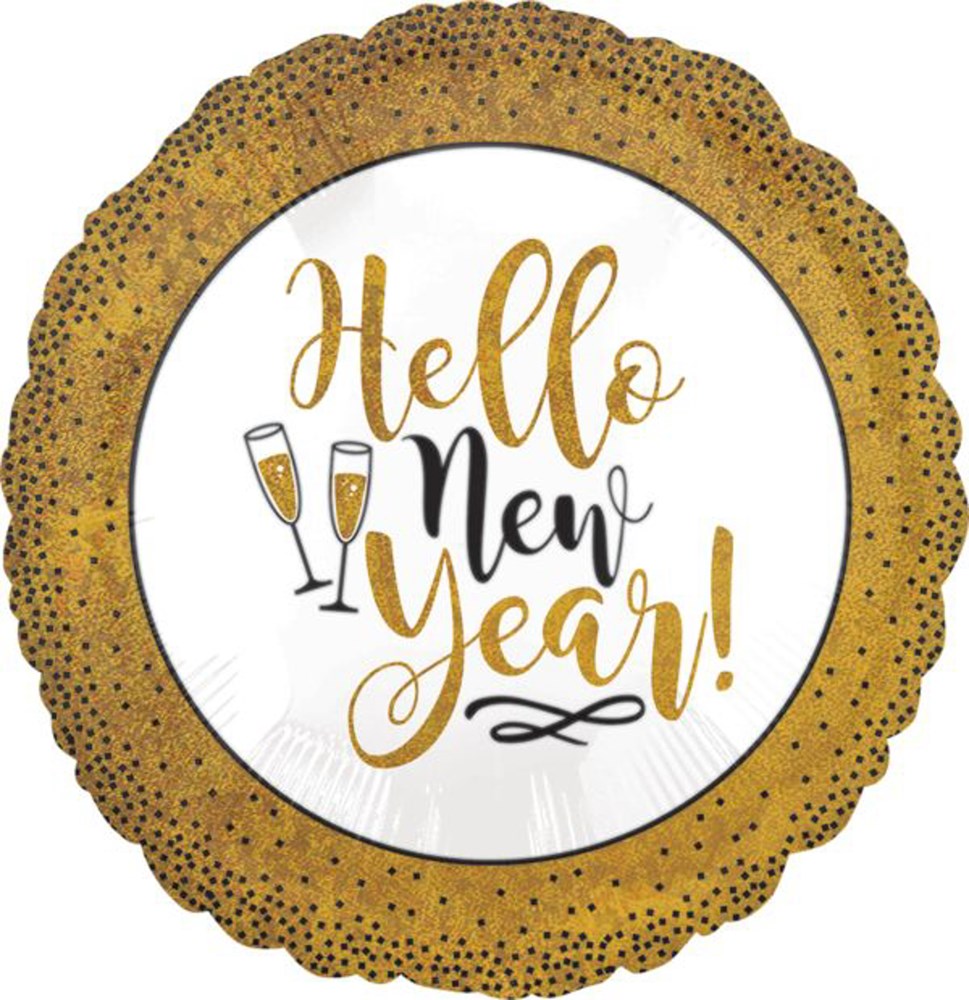 Round gold glitter foil balloon with scalloped edges, displaying "Hello New Year!" in elegant script and two champagne.