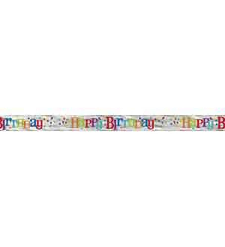 Foil banner with colorful rainbow letters spelling "Happy Birthday," decorated with multicolored polka dots on a white.