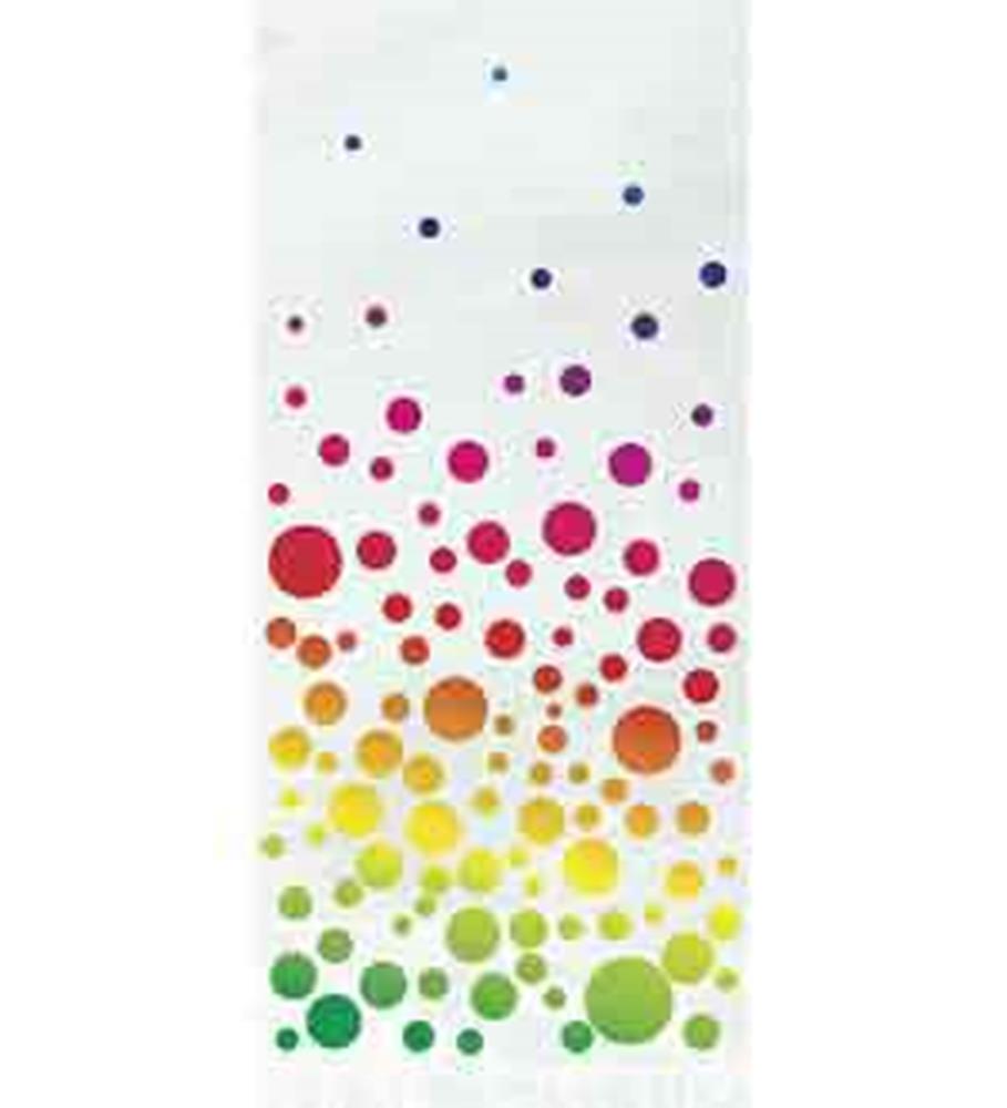 Clear cello bag with colorful bubbles in rainbow gradient from green to yellow, orange, red, pink, and purple.