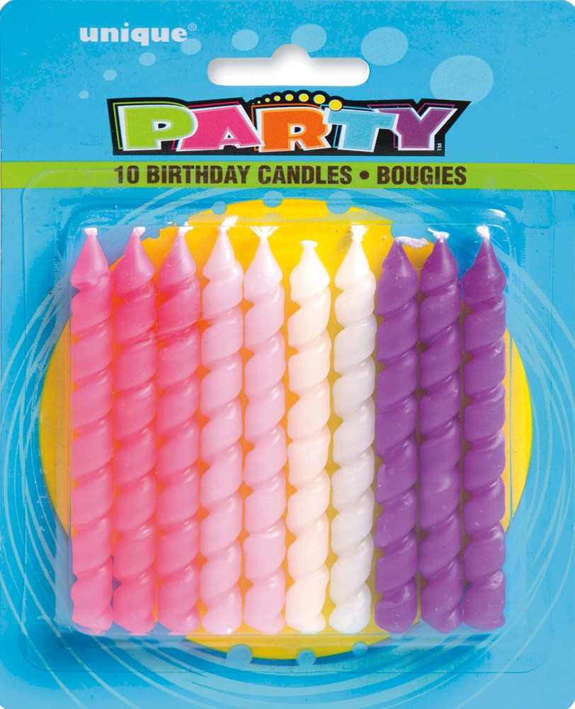 Set of 10 twisted birthday candles in shades of pink, white, and purple with yellow flames.