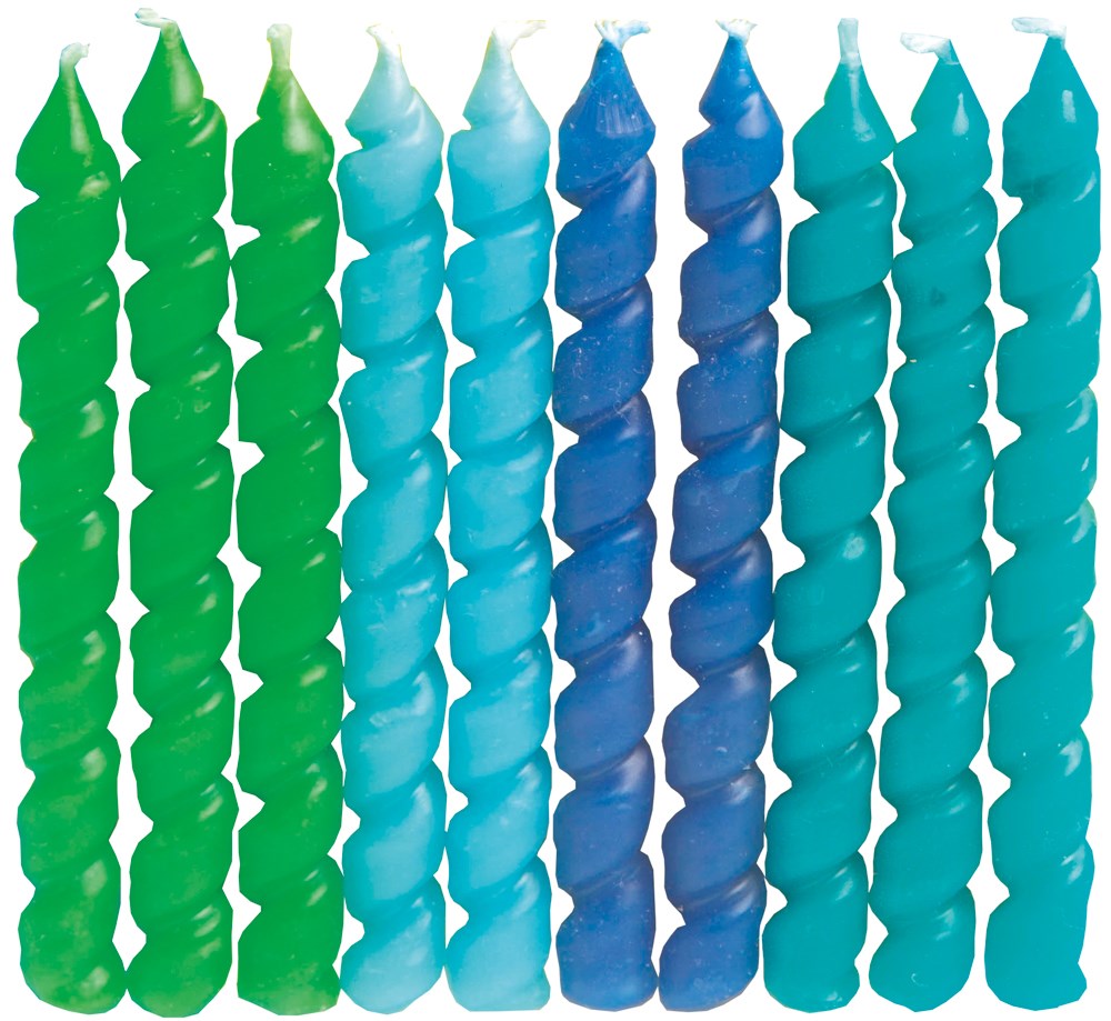 Set of ten spiral birthday candles in shades of green and blue, wax material, slender tapered design.