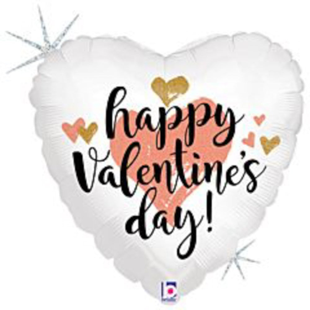 White heart-shaped foil balloon with "happy Valentine's day!" in black and rose gold script and metallic heart accents,.