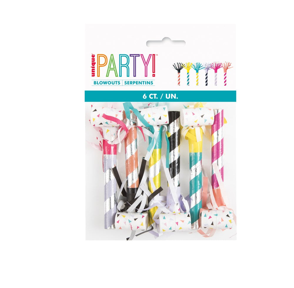 Set of six colorful party blowouts with fringed paper ends in pink, black, blue, yellow, and metallic designs.