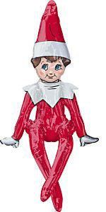 29-inch foil balloon shaped like Elf on the Shelf wearing a red suit and Santa hat.