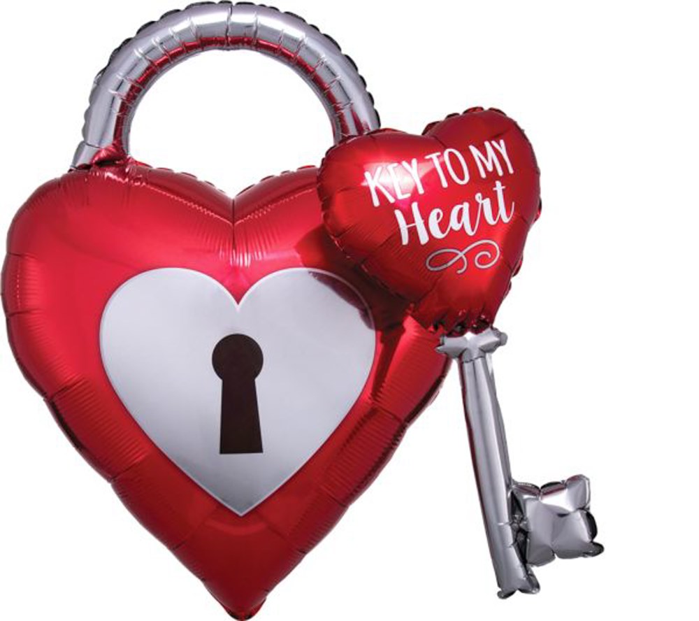Red foil balloon shaped like a heart padlock with a white keyhole and a silver key balloon attached, key heart reads "Key To