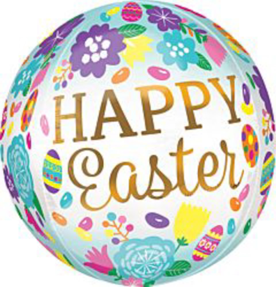 16-inch round white balloon with colorful Easter eggs, tulips, and "Happy Easter" gold lettering.