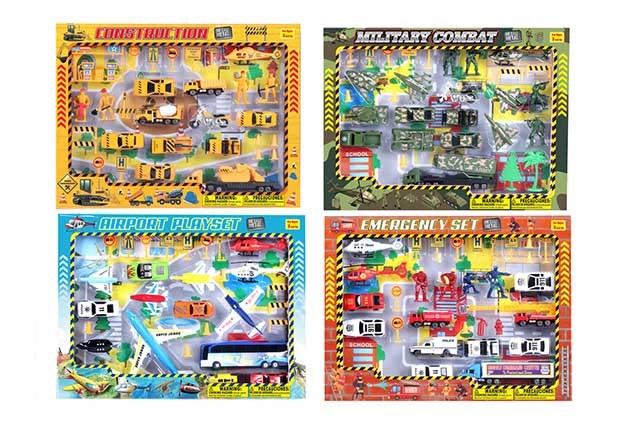 Four colorful die-cast play sets featuring miniature vehicles and accessories in yellow, green, blue, and red themed.