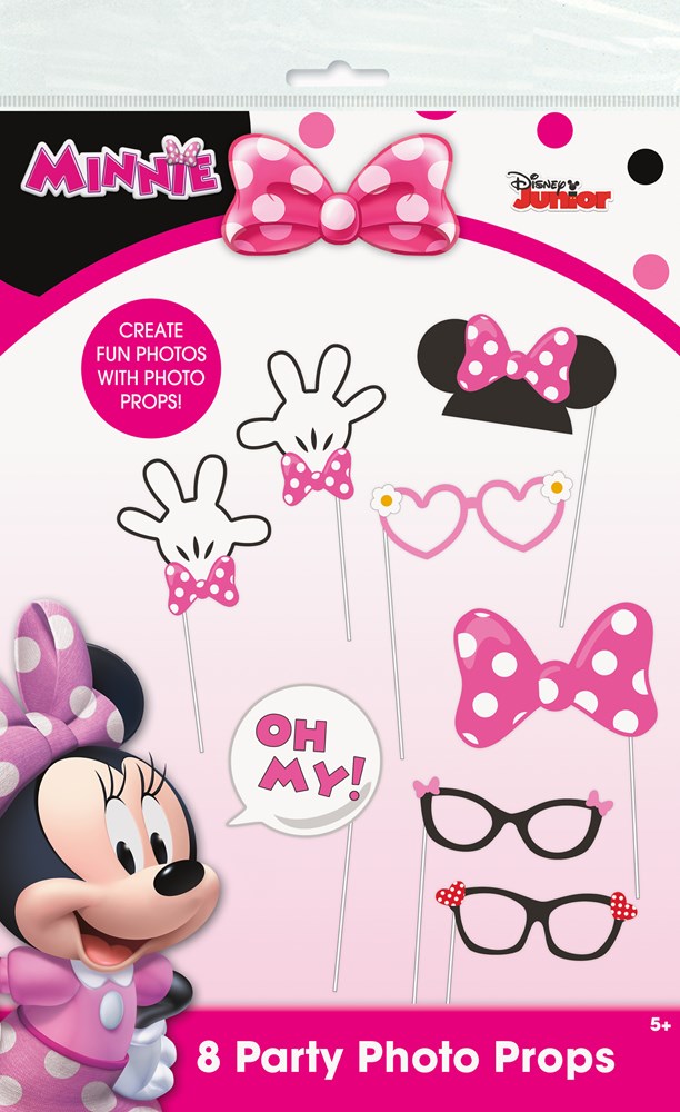 Eight Disney Minnie Mouse-themed photo props including pink polka dot bow, pink heart glasses, black glasses, Minnie ears.