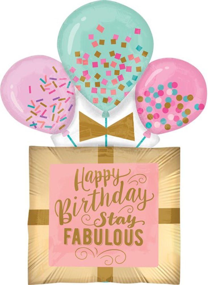 Large mint green with colorful square confetti, medium pink with multicolor sprinkles, and small pink with multicolor dots,.