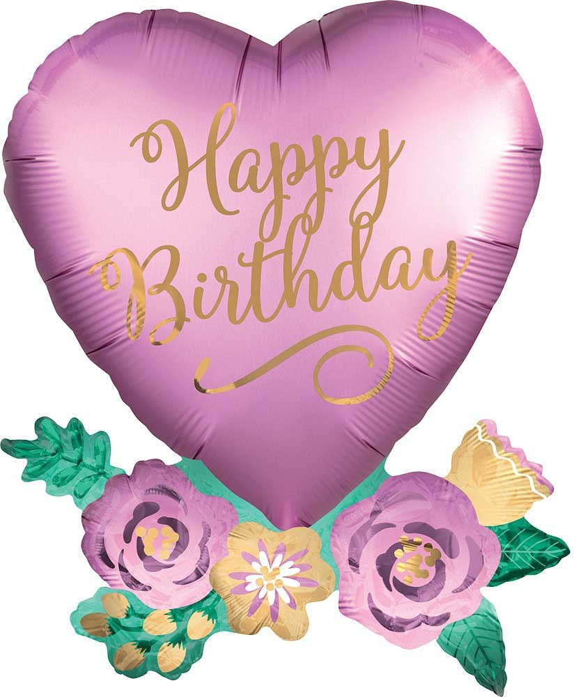 Pink satin heart-shaped foil balloon with gold "Happy Birthday" text and floral accents at the base.
