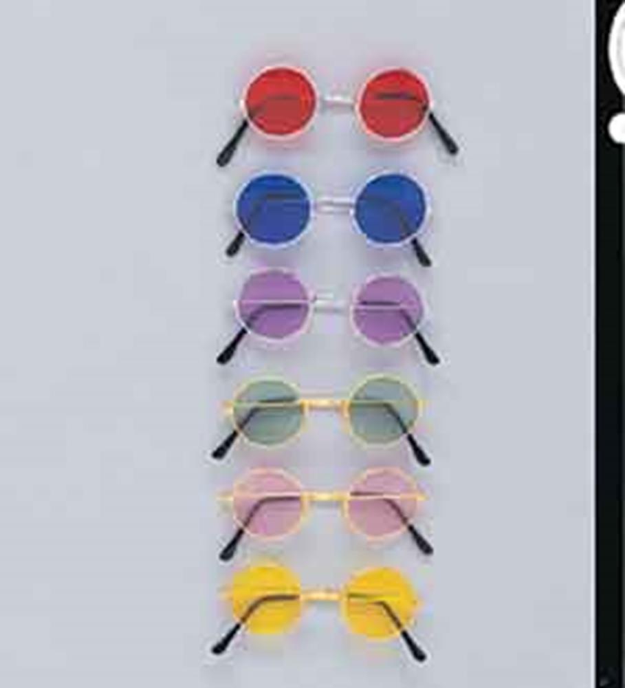 Six pairs of round sunglasses with black frames and lenses in red, blue, purple, green, pink, and yellow colors arranged.