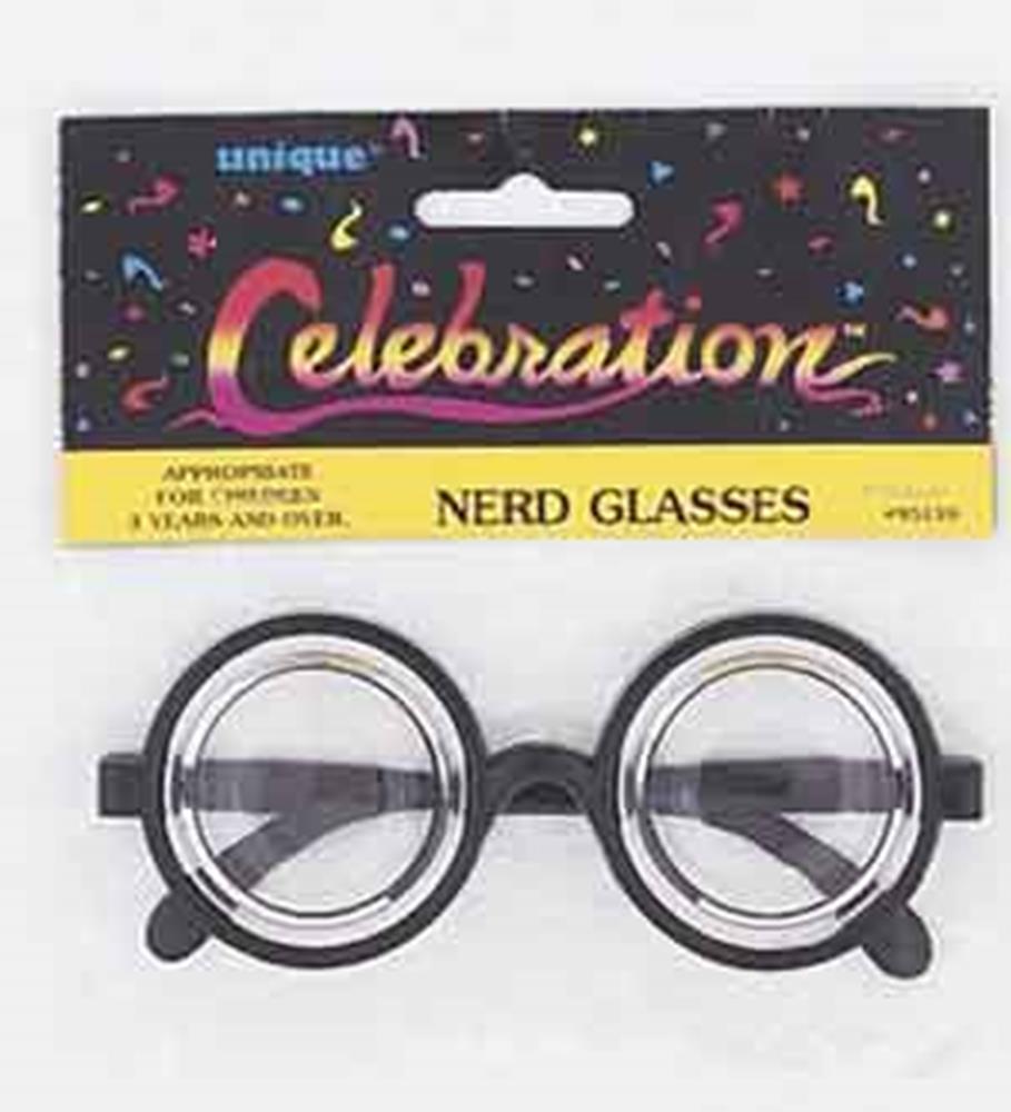 Black round plastic nerd glasses with thick frames on Celebration brand card backing.