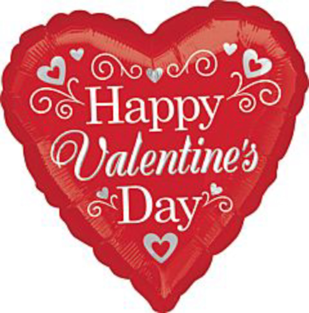 Red heart-shaped foil balloon with silver hearts and white decorative swirls, featuring "Happy Valentine's Day" text.